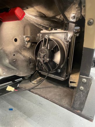 I don’t have a heater in the car so routing my heater core lines to this ole guy. Fan on a switch...curious how well it’ll help with cooling. I also opened up the front duct to help airflow to it. Whenever I go back to my “clean” bumper this will still fit and you won’t even know it’s there 