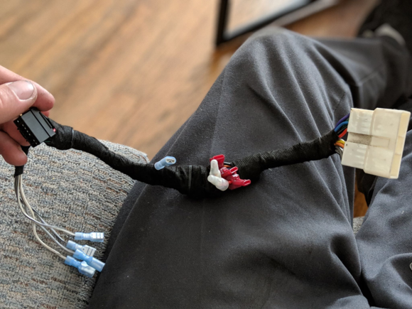 I had a really hacked up old harness from the Integra that I cleaned up for this new home.  The center "vampire" clamps are for a bluetooth module that I am skipping the install on for now. 