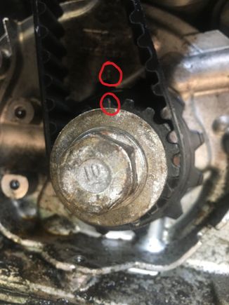This is what I believe to be TDC without the crank pulley installed. I circled what I believe to be the marking on the crank gear and the mark on the oil pump