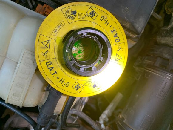 Coolant expansion tank with cap off - shows some metallic crud floating on surface 