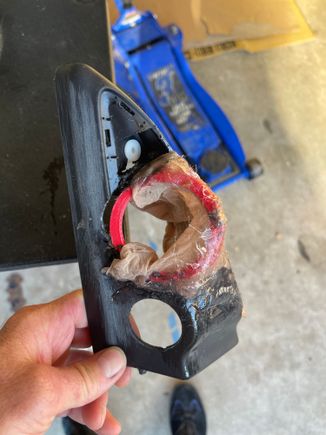 Here is the tweeter mount with some panty hose on it to create a base for the fiberglass 