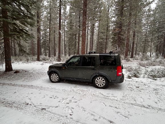 Squatting the suspension to let the old dog out to play in the snow.