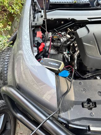 Charging. Confirmed I can lightly close the hood, route the cable generally speaking there,  and lock the car.  I leave the charger underhood because it’s not necessarily waterproof (is it) and it’s outside in this instance. 