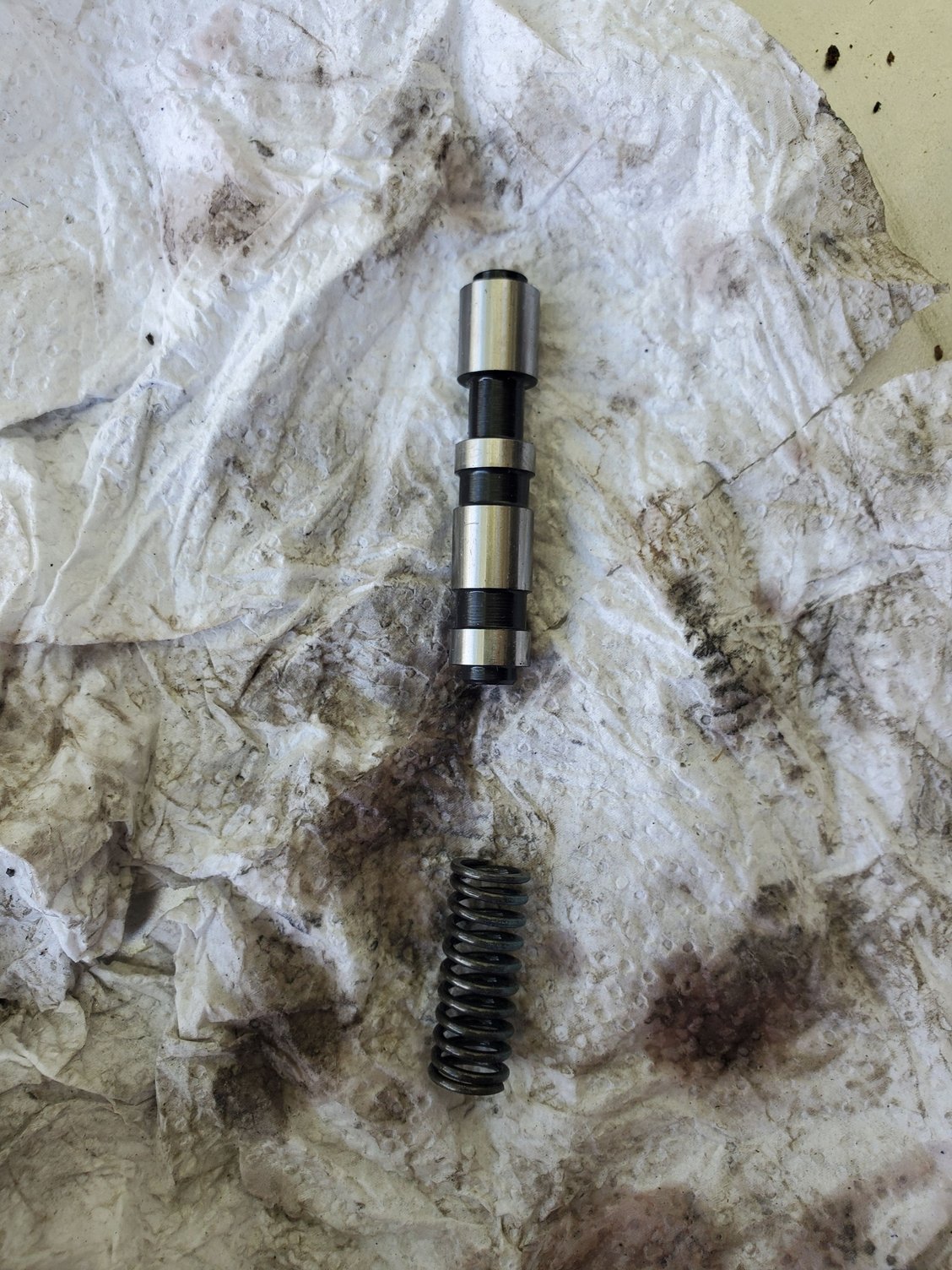 When i pulled the valve and spring this is what was in the bore. The valve shown and the bluish spring.  I double and triple checked and no additional valve in bottom of this bore.
