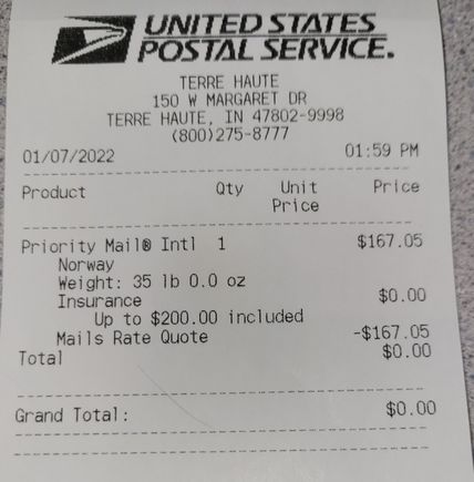 Looks like $167 US for Shipping by USPS, taking 2 to 3 weeks. UPS was higher etc.