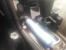 Custom emergency brake handle inserts on console and dash base knob mounted by cigarette lighter switch for blue interior lights and shift lock