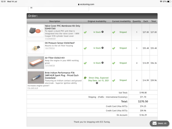 The PCV Valve membrane and spring…
I have ordered an oil pressure sensor (to keep in stock)
Some Standard Air Filters (to keep in stock)
And of course those Iridium Spark Plugs