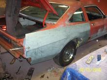 Quarter replacement part. Not good fit, but Mark worked it out. Very little sheet metal for F Bodys.