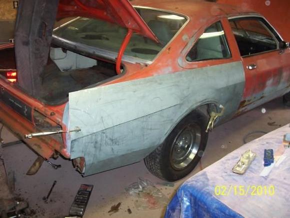 Quarter replacement part. Not good fit, but Mark worked it out. Very little sheet metal for F Bodys.