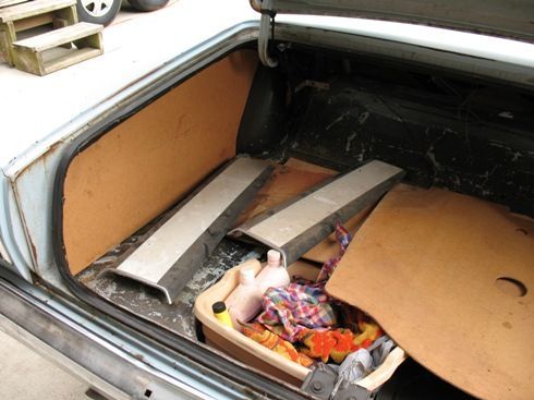 The trunk contents just like I left them in 1989. Nice set of 67 GTX scoops that I had forgotten were in there. Very nice surprise!!