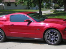 Sonja

2010 GT Premium - 4.6L V8 ATM 
Red Candy Metallic 
Charcoal Black Interior w/cash Leather
Added Matched 1/4 window louvers 
Windows Tinted