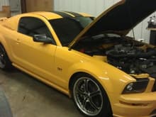 My baby. 2007 Ford Mustang, suspension, sway bars, coils, shocks lowered,pan hard bar, upper lower tubular control arms, 20 inch wheels with Michelin tires, Roush polished super charger, over drive pulley, small super charger pulley, cold air kit, Bear big brakes, Steeda tri axis, Long tubes, High flow cats with X pipe, SLP exhaust. Tons of fun.