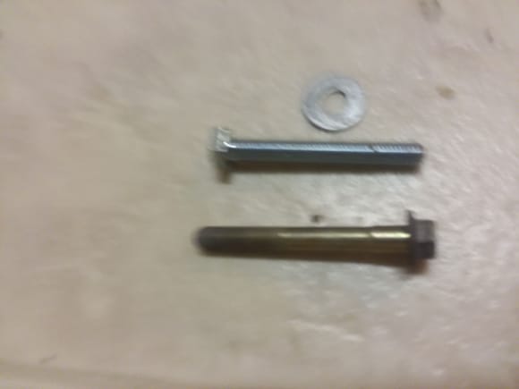 1 bolt that goes through collar on brace [2 @ set] this bolt is obsolete from ford. it is 8.8 grade metric pitch. this is the bolt ford substitutes for the obsolete one. same pitch thread, tightens up to body. upper bolt is substitute lower bolt is obsolete ford bolt