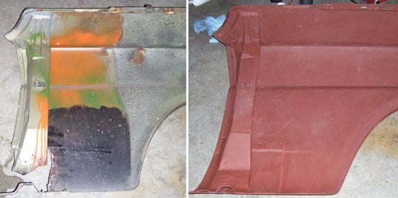 One of my favorite before and after photos.  The car had some serious rust damage on all four corners, patched by the original owner with aluminum, home made braces and Bondo.  Here, he had brushed heavy black material as far up as he could reach and then sprayed leftover spray paint up inside to try to protect the inside of the fender.  I rebuilt the original brace and patched the fender.  You can see the reapir seams on the brace and fender.