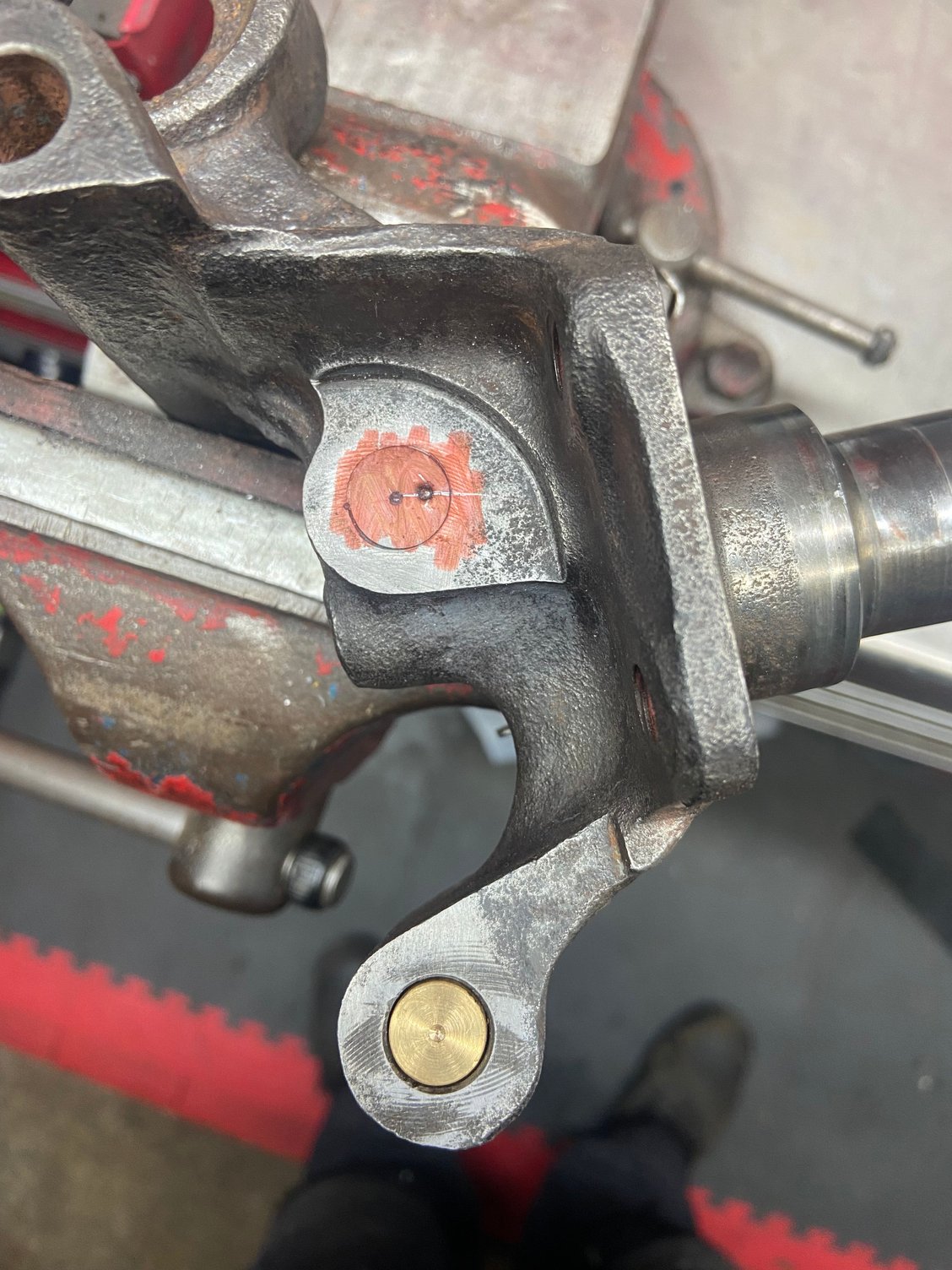 I made a brass plug to locate the hole centre. We’re lucky to have a small lathe, it comes in handy. 