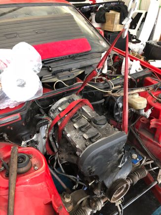 Engine bolted up to golf diesel bellhoising that I cut down.