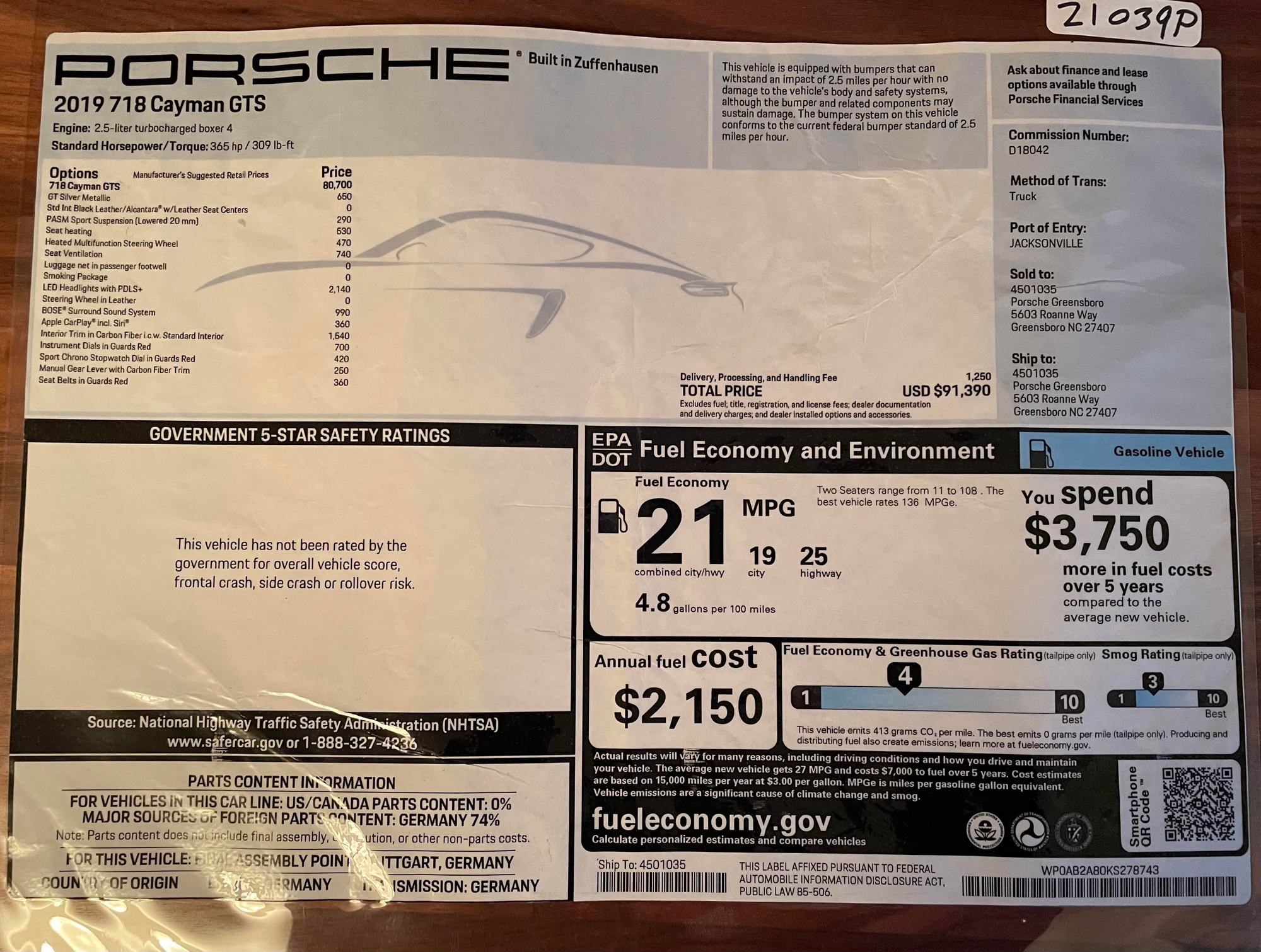 2019 Porsche 718 Cayman - 2019 718 Cayman GTS - Used - VIN WP0AB2A80KS278743 - 7,380 Miles - 4 cyl - 2WD - Manual - Coupe - Silver - Sparkill, NY 10976, United States