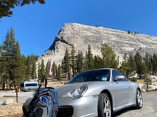 The 996 basking in the view of Lembert Dome.  The winds were from the east, so Tuolumne Meadows had beautiful clear blue skies.