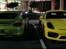 On our way home from picking up GT4.  Me in Cayman R.  Him in GT4.  Speaking of attracting bugs: the Cayman R attracted green moths and tiny insects.  They were always a shade of green.  Not in the volume of the yellow, but it was noticeable.