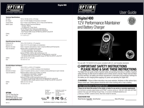 Optima 400 Battery Tender Specs.