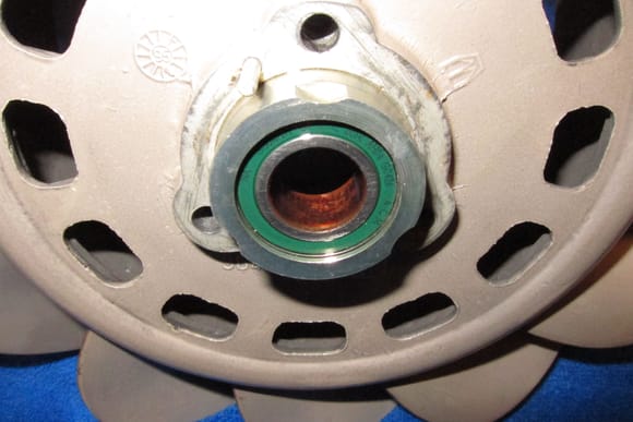 The corrosion on the inner race of the fan hub bearing.
