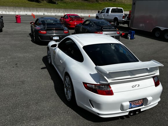 Peak 911 day at The Ridge in Washington.  red 997.2 GT3 (tracked), 997.2 GT3 RS (tracked), grey 997.2 GT3 (friend's car) white 997.1 GT3 (friend's car).  A good time was had by all