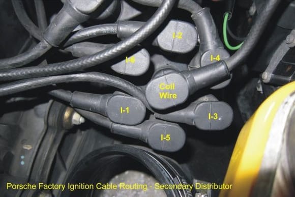 The OEM Porsche secondary distributor ignition wire routing along with cylinder numbers.