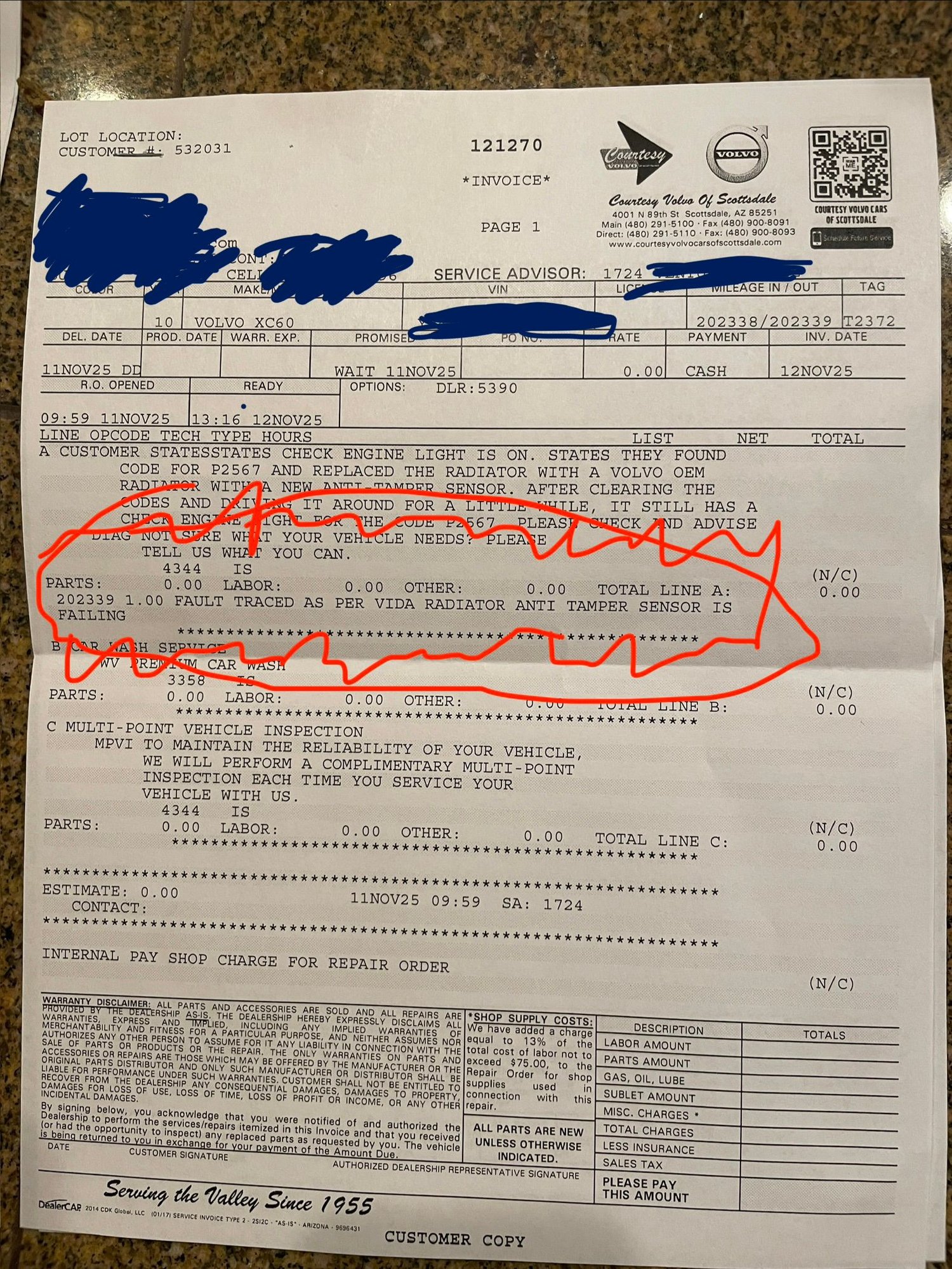 Here is the repair order from the dealership. Circled in red is their diagnosis. 