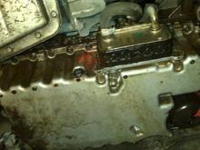 Oil pan full of oil on the bottom (looking toward front of car)