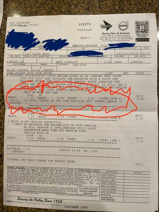 Here is the repair order from the dealership. Circled in red is their diagnosis. 
