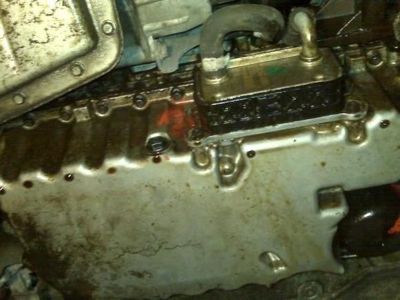 Oil pan full of oil on the bottom (looking toward front of car)