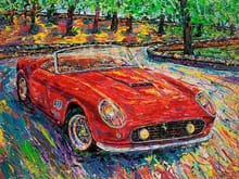 Each year a oil painting is commissioned to celebrate the Cortile's Proiettore Macchina. in 2009 artist Johno Prascak created this stunning rendition of a 1959 Ferrari 250 GT California