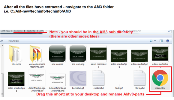 Now using file explorer navigate to the C:/am-new/techinfo/techinfo/AM3 directory (or whatever local folder name you used instead of AM-new) and look for the file index.html in the AM3 directory - this will be dragged to your desktop and is the launch icon. 