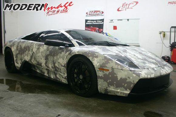 Camo Lambo after vinyl wrap completion.