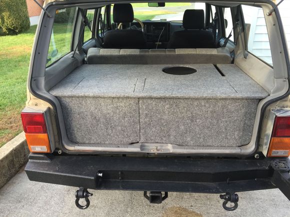 Built a new storage box because I wanted more bass then I was getting from the alpine type r 8 I had. This is a Jl 12 in a ported box and it is louder than the two 12s I had before on the same amp. Also I think the storage box looks better.