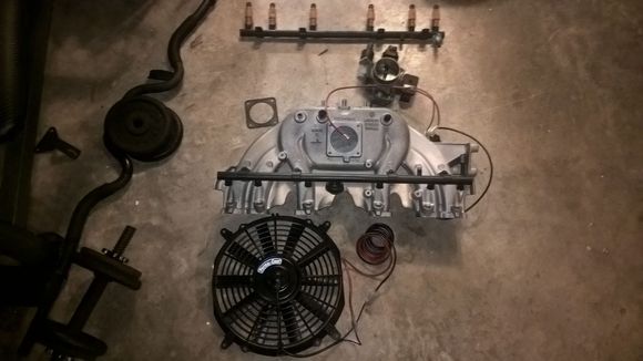 Permal cool 2300cfm electric fan.. Lasted 3 days and had to send it back plus shipping. Lame! 99 intake rail, already had bored tb and yellow stick injectors.. Still testing but run good