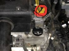 Just down behind the head , below the valve cover