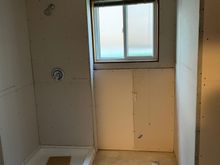 Shower and toilet area, done, except corner bead