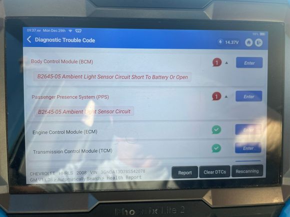 This is what the scanner reads. It's not the position of the switch, the problem is the sensor.