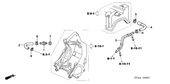 La pieza con el #3 es el Honda 17137-RRA-A00 Pipe, Breather quisiera saber a qué van conectados los E-15-11. Mi civic si k20z3 no tiene nada conectado a ellos. 
