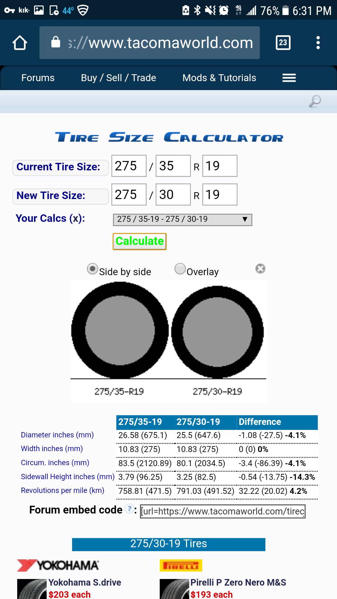 Tire Height Chart Calculator