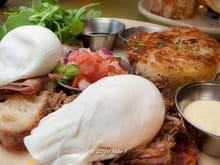 Poached eggs with proscuitto and pulled pork