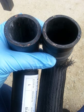 OEM hose on left depicts thicker wall thickness.
Thinner hose does not  insulate as well the hot coolant from intake components
