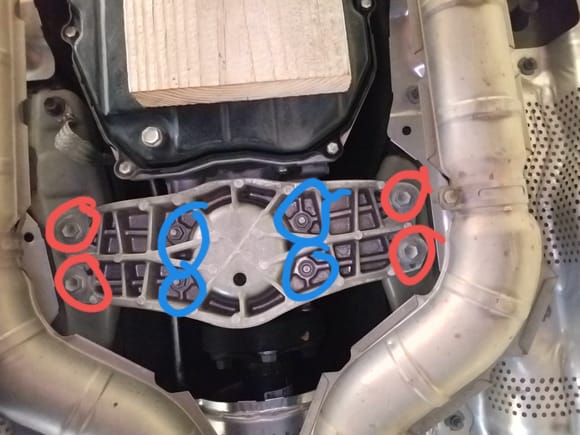 Remove the nuts circled in blue first and then the  4 bolts circled in red