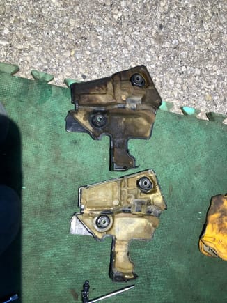 Up top is my grungy RX350’s cover, and below is from my friend’s V6 RAV4.  Mine is clearly soaked in oil and the timing cover is weeping.  I will attempt to clean the area and seal it from the outside. Either it works or I live with it.