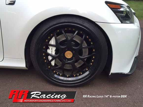 RR Racing Front 6 Piston Stage II kit with 14" rotors, custom white calipers with customer supplied 'Lexus' logo.