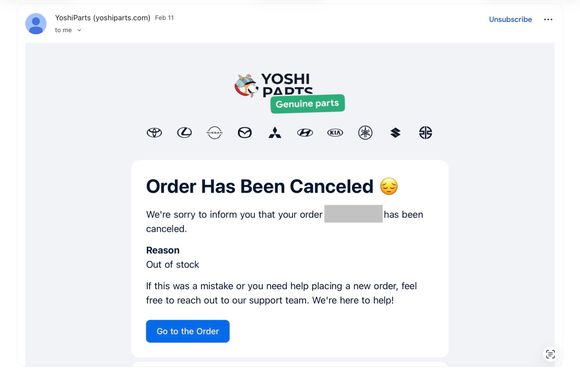 Ordered Feb 6th — Cancelled Feb 11th