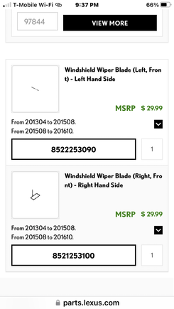 I’m reviving this old thread, can somebody help me confirm I have the correct part numbers for left and right wiper blades to fit my 2017 IS300 ?
Thank you. 