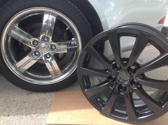 Lumarai 17 inch Morrow Chrome next to repowder coated OEM 17 inch