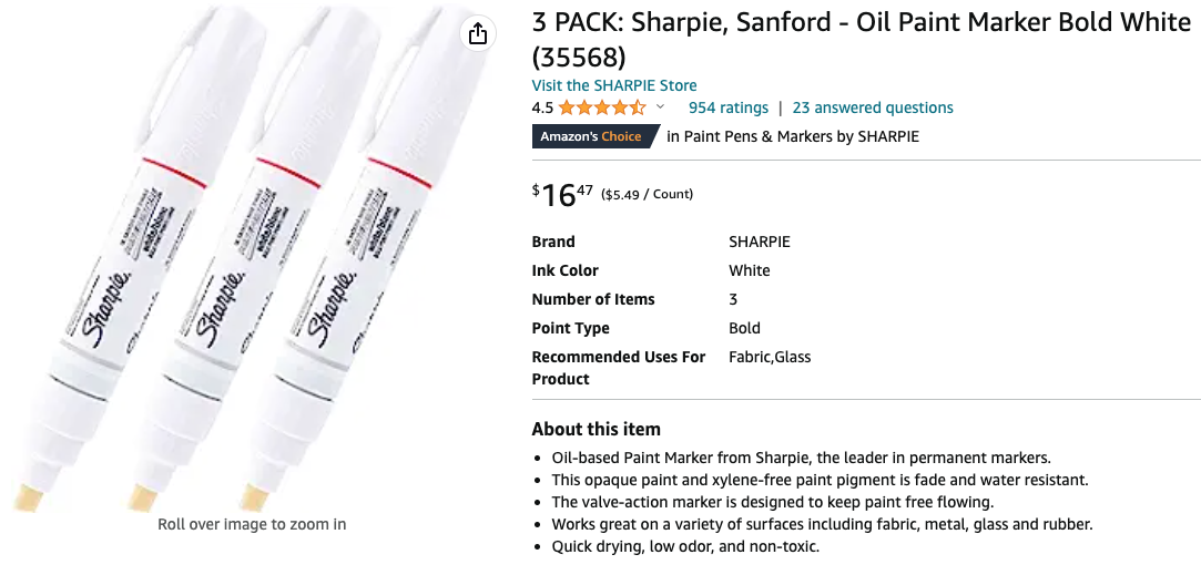 35568 Sharpie Oil-Based Paint Marker, White Ink, Bold Chisel Tip